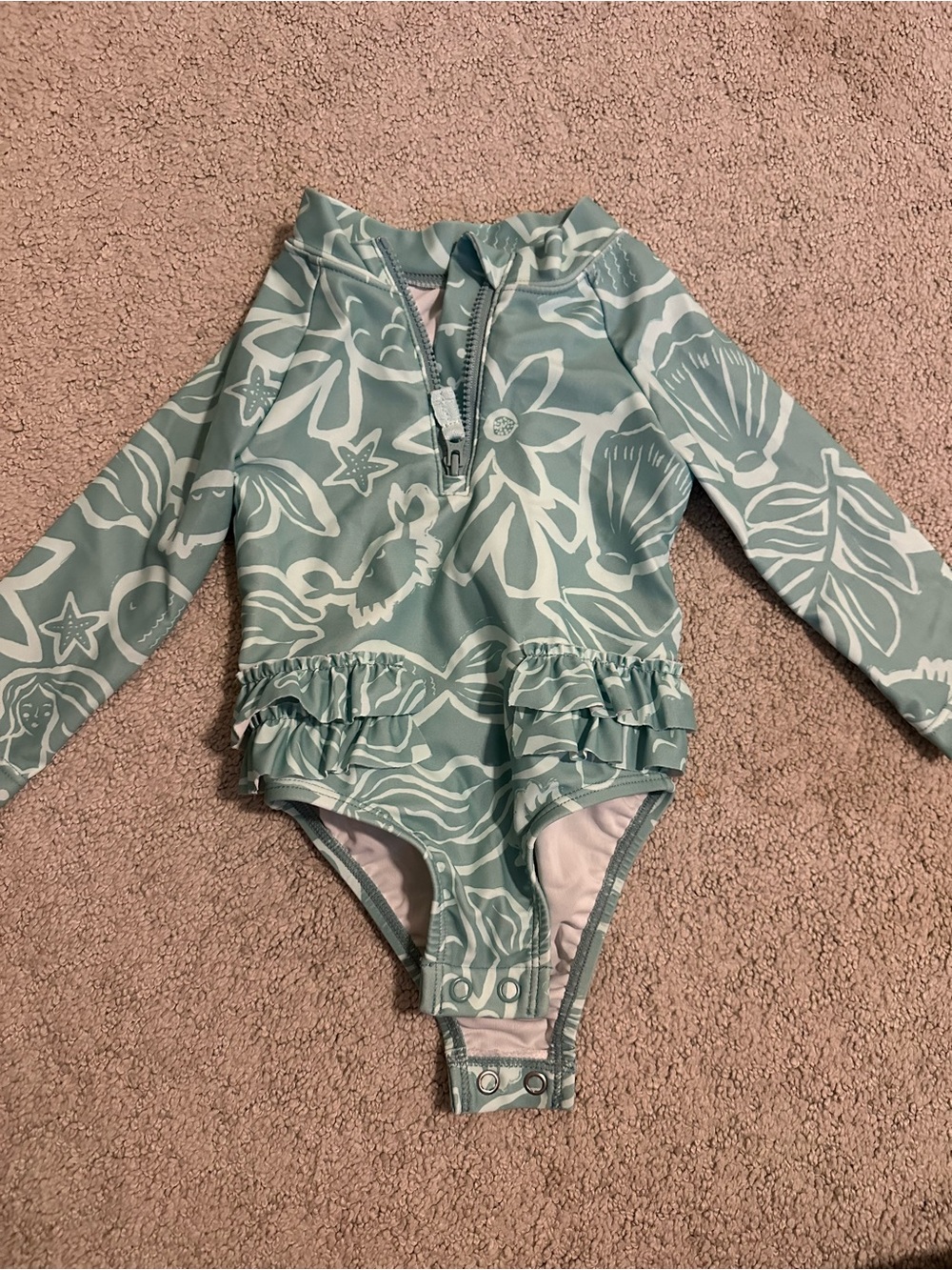 Carter's Seafoam Green Shell-Print Long-Sleeve Ruffle One-Piece Swim